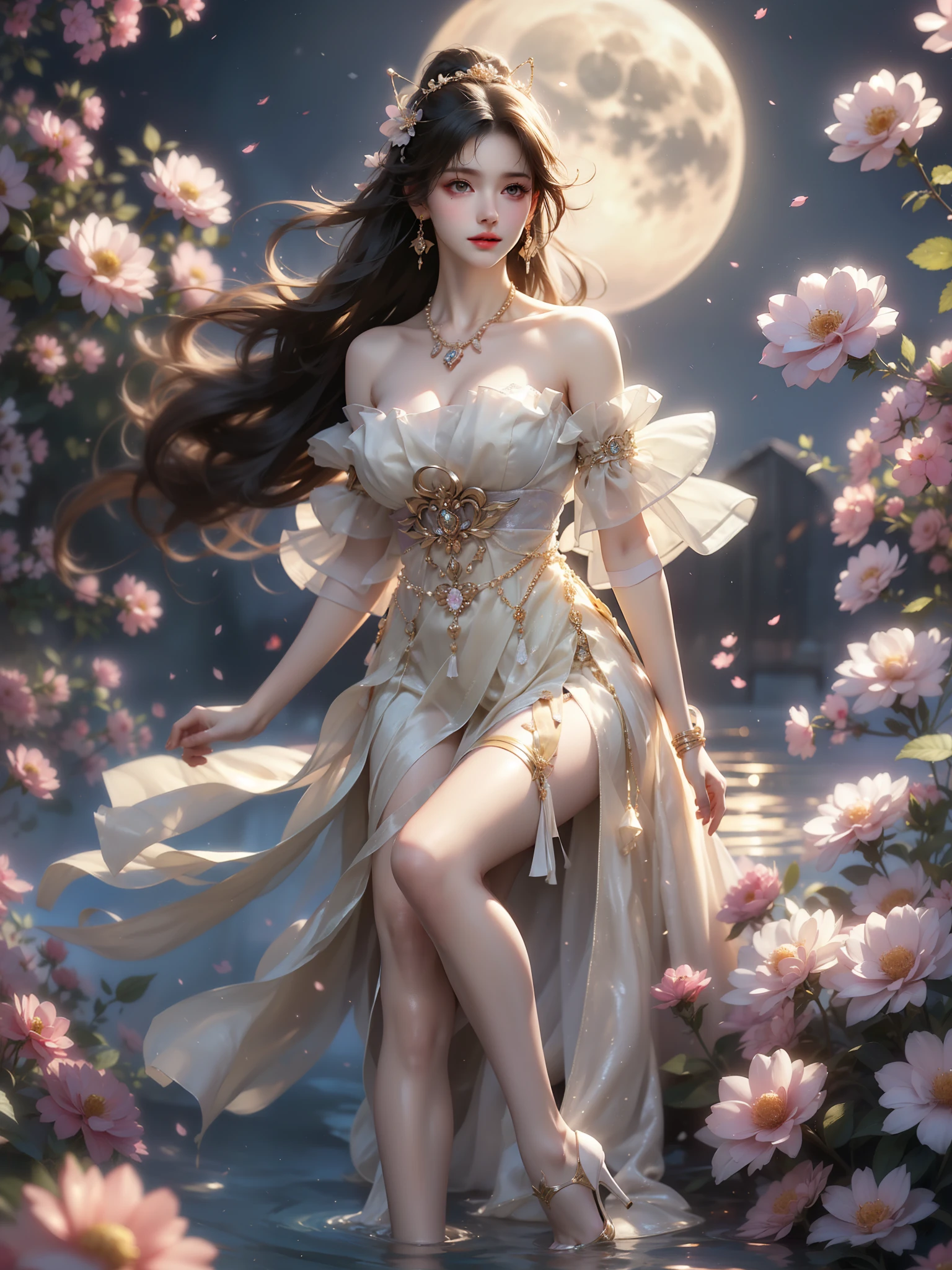 guqinghan, jrys,
high heels,bare shoulders, see-through, jewelry,strapless, collarbone, bracelet, off shoulder,earrings, bow,cleavage, tube dress, strapless dress (High quality details), 1 Girl, solo, Young women, Elegant Posture, ((night, moonlight)), (Female figure，Lie flat in the water，Relaxed expression), (Focus on natural body posture and correct anatomy:1.3), (Perfect leg proportions:1.3)，(True and accurate leg shape:1.2), ((Natural leg position)), The skirt is very short, One hand stroked the hem of the skirt, Lift the hem of the skirt, Bare shoulders, Natural posture, Soft expression, Exquisite makeup, Soft blush, Bright Eyes, Soft lips, Flower fairy style, ((Anatomically accurate)), (Real natural legs), Smooth skin, Soft lighting, high resolution, 8K Ultra HD, Clear focus, Professional photography effects, Random elegant scenes, Multi-angle shooting