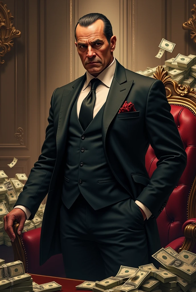 intricate detail, photorealistic, dynamic lighting, extremely detailed, realistic, reflective sunglasses, menacing, sharp focus,gangster man sitting on expensive chair in front of desk smoking cigar and drinking whisky, expensive clothing,detailed body, detailed face, serious look,