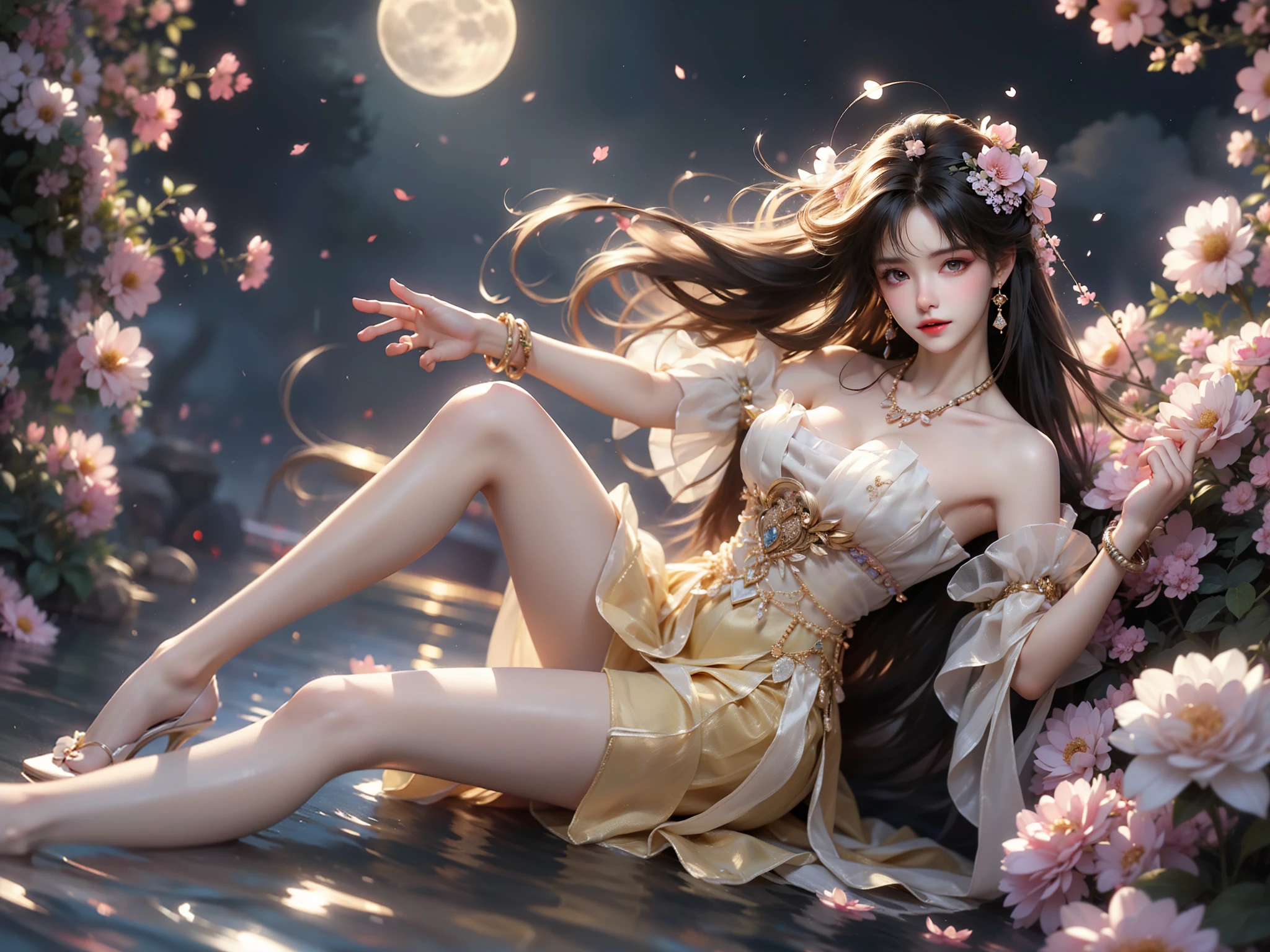 guqinghan, jrys,
high heels,bare shoulders, see-through, jewelry,strapless, collarbone, bracelet, off shoulder,earrings, bow,cleavage, tube dress, strapless dress (High quality details), 1 Girl, solo, Young women, Elegant Posture, ((night, moonlight)), (Female figure，Lie flat in the water，Relaxed expression), (Focus on natural body posture and correct anatomy:1.3), (Perfect leg proportions:1.3)，(True and accurate leg shape:1.2), ((Natural leg position)), The skirt is very short, One hand stroked the hem of the skirt, Lift the hem of the skirt, Bare shoulders, Natural posture, Soft expression, Exquisite makeup, Soft blush, Bright Eyes, Soft lips, Flower fairy style, ((Anatomically accurate)), (Real natural legs), Smooth skin, Soft lighting, high resolution, 8K Ultra HD, Clear focus, Professional photography effects, Random elegant scenes, Multi-angle shooting