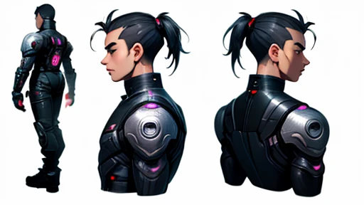 One young man with front, side and back views、cyber punk、A character model sheet depicting the same character from three angles