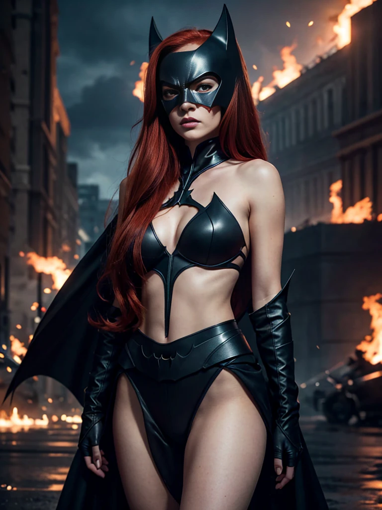 A woman with white skin, red hair shaped like Batman and has a precious body, a wet body