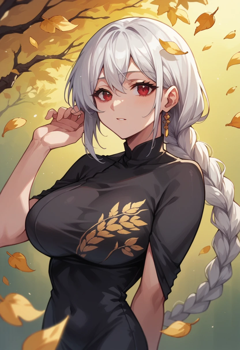 Woman, white hair, braided ponytail, Black dress with golden leaves print Neckline , Red eyes ,Big breasts 