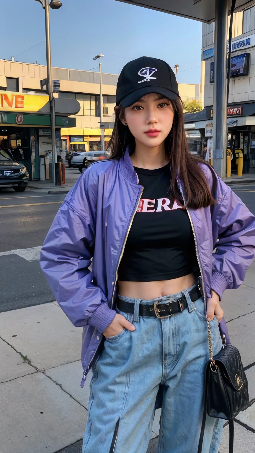 masterpiece, best quality, ultra-realistic, a woman, medium big breast, stands at a gas station, wearing a colorful, oversized purple jacket with green and black sections. she has a navy blue baseball cap on and sunglasses. A small black waist bag with Supreme branding rests across his chest. The background features a gas pump with digital displays and pricing information. The setting is bright and casual.