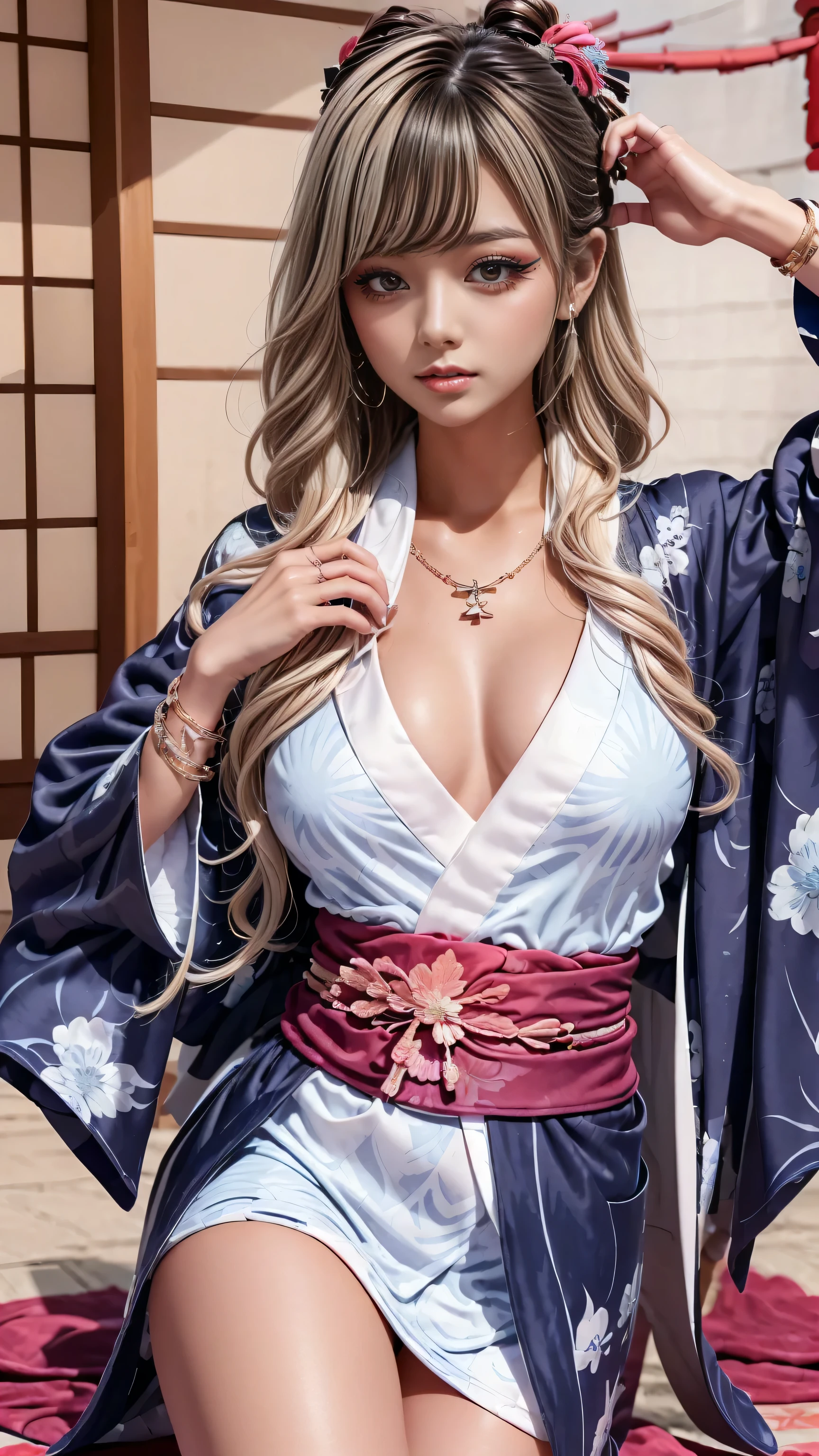 (Dark Skin:1.8)、beauty、Photorealistic perfect body、Slim figure、Best image quality、Realistic ultra-high quality、(Japanese women:1.4)、(One cute girl:1.4)、(Cleavage:1.5)、(((Patterned micro mini kimono:1.8、Patterned micro mini yukata:1.8)),A transparent pink yukata,、Tight waist、(blonde:1.5)、(Wavy Hair:1.5)、(Curly Hair:1.5)、(sleek bangs)、(Blurred Background)、(smile:1.4)、(Gal-style thick eyeliner:1.1)、(Long eyelashes:1.2)、(False eyelashes:1.5)、Gal-style makeup、Gal-style earrings、Gal style bracelet、(Gal-kei triple necklace:1.2)、Long, slender legs:1.8,Calves are thin and long:1.8,Thick thighs,Tall:1.8,Narrow waist:1.3,Big eyes:1.5,Small face:1.6,smile:1.8,Light blue yukata:1.5,