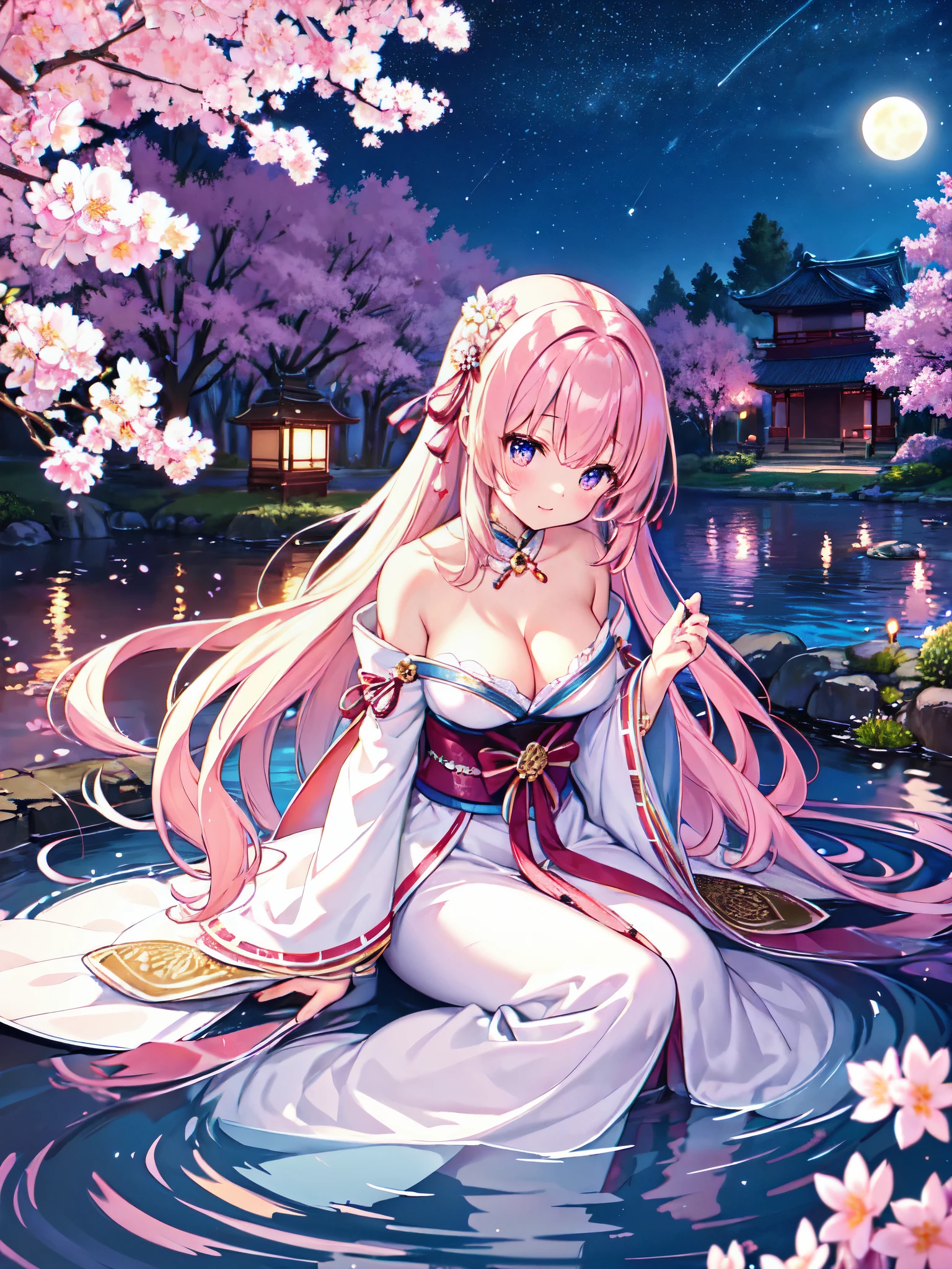 (masterpiece)、(Highest quality)、((Very detailed))、(Very delicate)、Beautiful shiny hair、Beautiful breasts、Gorgeous Japanese clothing、Her shoulders were exposed.、Cleavage、Looking up from below、By the pond at night、Amazing starry sky、Fantastic Moon、Blooming cherry blossoms