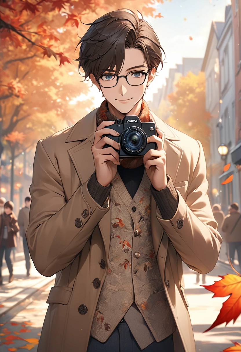 masterpiece, Attention to detail, High resolution, RTTX 10.0, 8k, high quality, season　autumnの、Staring at the audience、Official Art、Cute anime style、1 male、alone、Glasses、smile、focus、Have a camera、Camera in hand、Taking a photo、Fashionable clothes、autumn、autumn leaves、warm