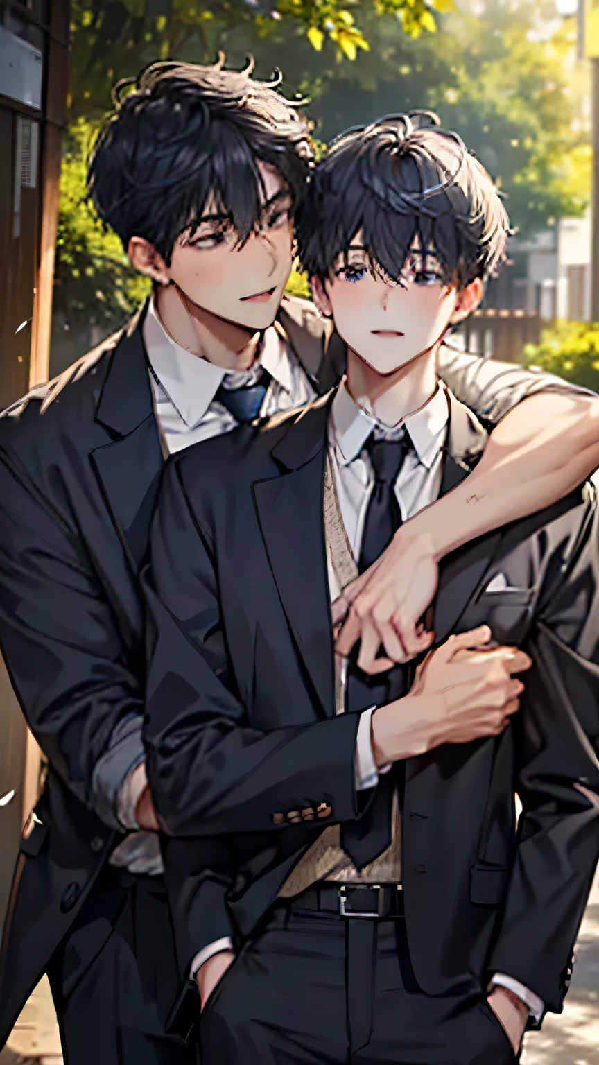 (Ultra-high resolution, Practical, warm hugs, Intricate details, Exquisite details and textures, 2个Boys, (young), Facial highlights, Detailed facial features, Smile, Boys：Dark skin，Black short hair，Wearing a black school uniform jacket，White shirt，The tie is slightly askew，firm eyes，Clear outline, Boys：Light skin，Black short hair，Wearing a blue casual jacket，Smiling and leaning on the boys&#39; back，Gentle and intimate eyes, Their hands were clasped togethengers crossed, Warm background，Tree-lined，Sunlight shines through the leaves，Creates a soft light and shadow effect, Overall two-dimensional style, Expressing youth、Warm and intimate atmosphere, Delicate clothing texture and facial expressions)