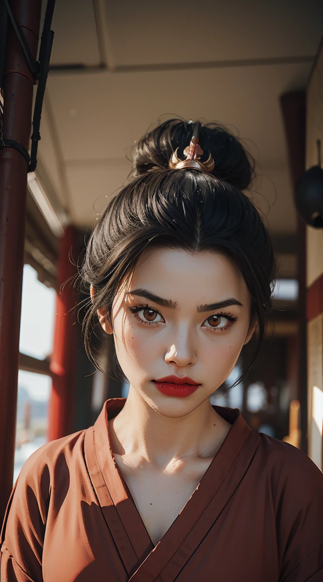 Azula, 1girl, solo, black hair, brown eyes, makeup, lipstick, red lips, single tuft of hair, navel, side strands, hair decoration, ((medium breasts, slim girl, on the face)), ((unbuttoned kimono)), erotica