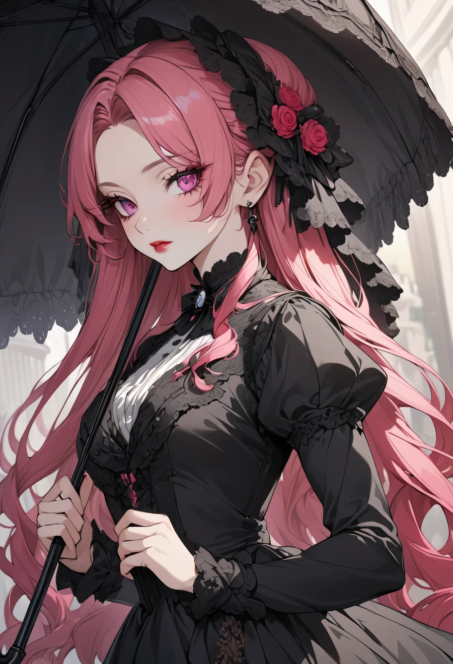 anime girl, hot pink hair, pink eyes, black dress, elegant, beautiful,  holding a black umbrella, victorian era, ultra detailed, slightly red lips 