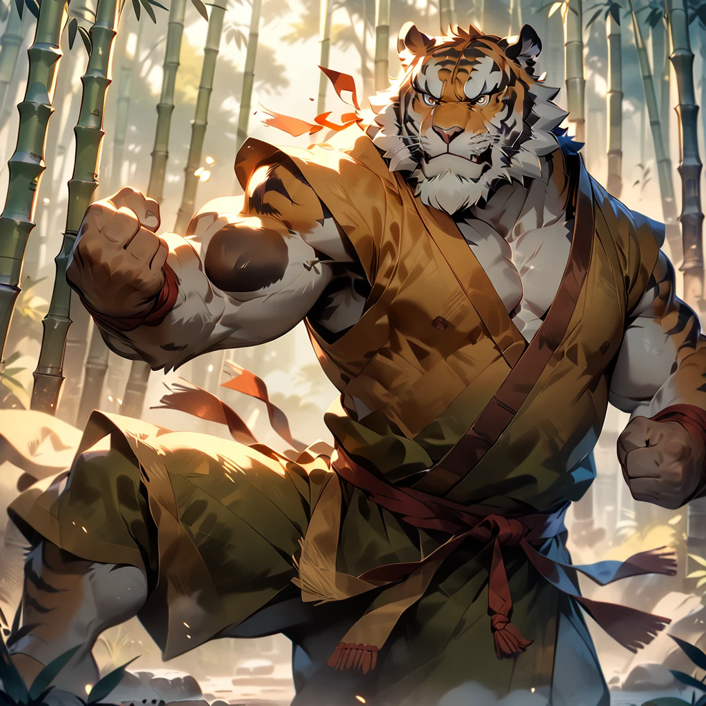 masterpiece, best quality, very aesthetic, absurdres, from side, looking away, monk, plump middle-aged tiger man, fluffy body, brown eyes, beautiful beard, male face, big face, square jawline, male eyes, sharp eyes, big eyes, male eyebrows, innocent look, fighting pose, standing, rotating the body, executing a high kick, dynamic pose, BREAK morning, bamboo forest, outdoor,