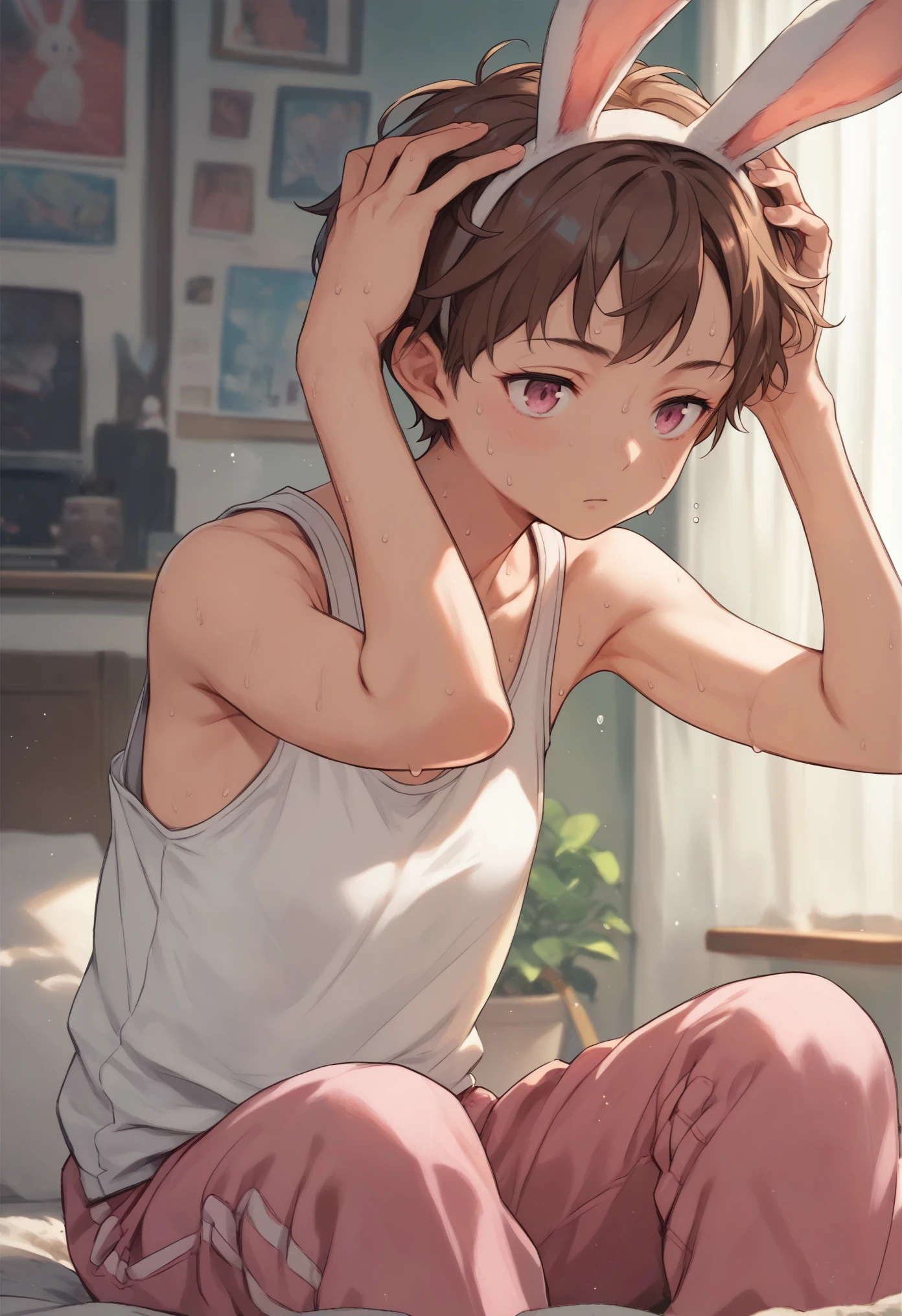 masterpiece、anime,1 Girl Break, alone, Brown Hair, short hair, Pink Eyes, Pink Pants, bunny Have, Have, Bunny ears.Tank top, Sweat, Put your hands on your head, indoor, Bedroom 