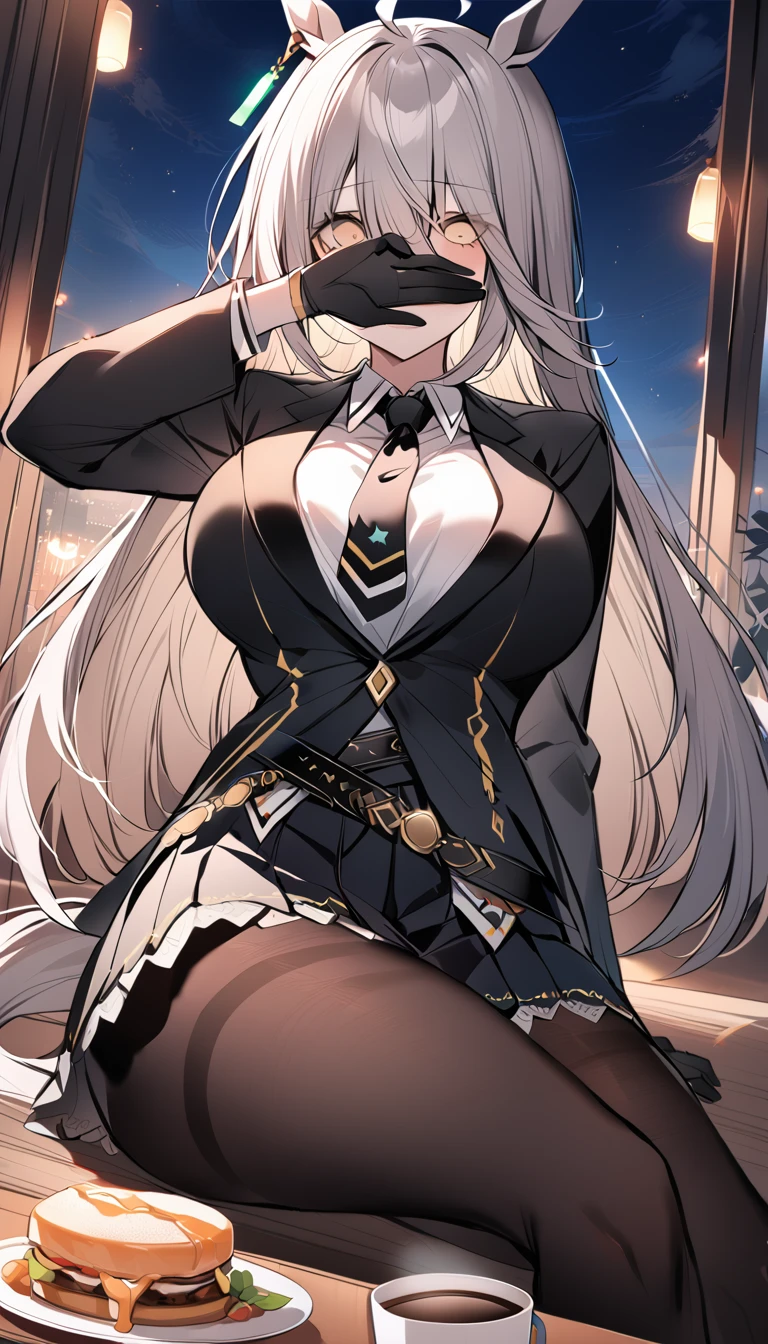 masterpiece, Highest quality, Cover your eyes with one hand，covering eyes,Open your mouth，Blushing，One Girl, alone, Manhattan Cafe, Expressionless, View Audience, Ahoge, Black jacket, shirt, tie, Black gloves, skirt, pantyhose, Single earring, Horse tail,Black knee-high boots，Hair between the eyes, Thick thighs，Big Breasts，