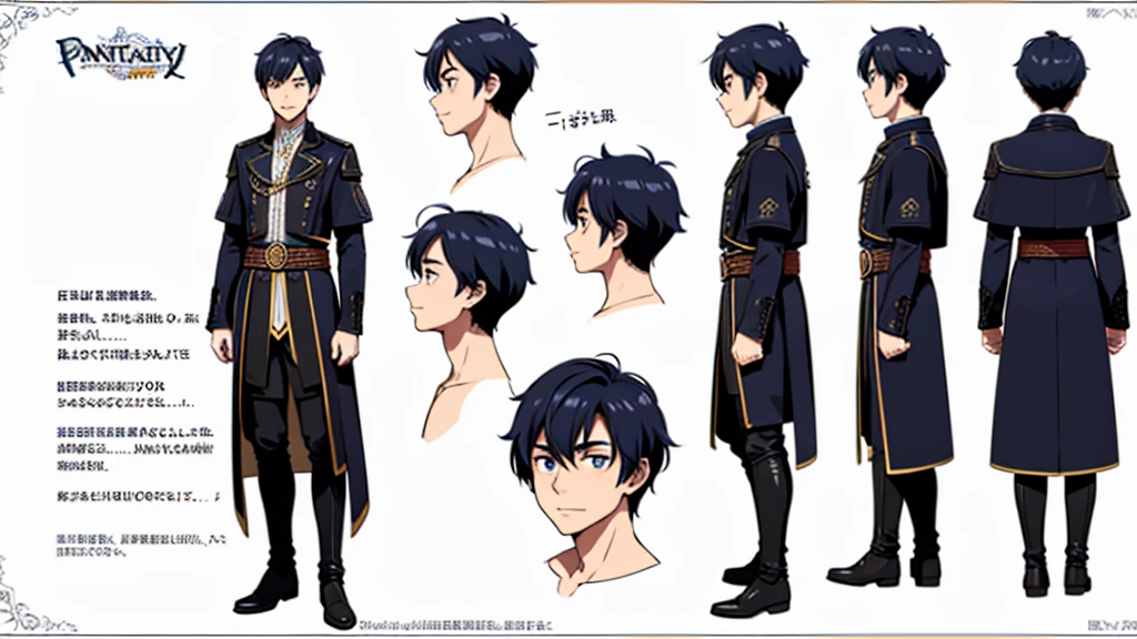 One young man with front, side and back views、Fantasy、A character model sheet depicting the same character from three angles