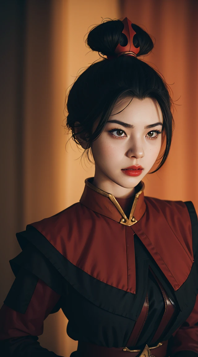 (Azula), facing viewer, red and black clothes, cowboy shot, eyeshadow, thin lips, breasts