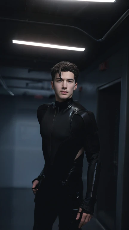 (extremely detailed CG unity 8k wallpaper,masterpiece),(best illumination, best shadow, an extremely delicate and beautiful),(1boy),blue eyes, dark hair,red and black sci-fi bodysuit,neck seal,high-tech sci-fi hallway, dynamic pose, detailed machinery, sleek design.