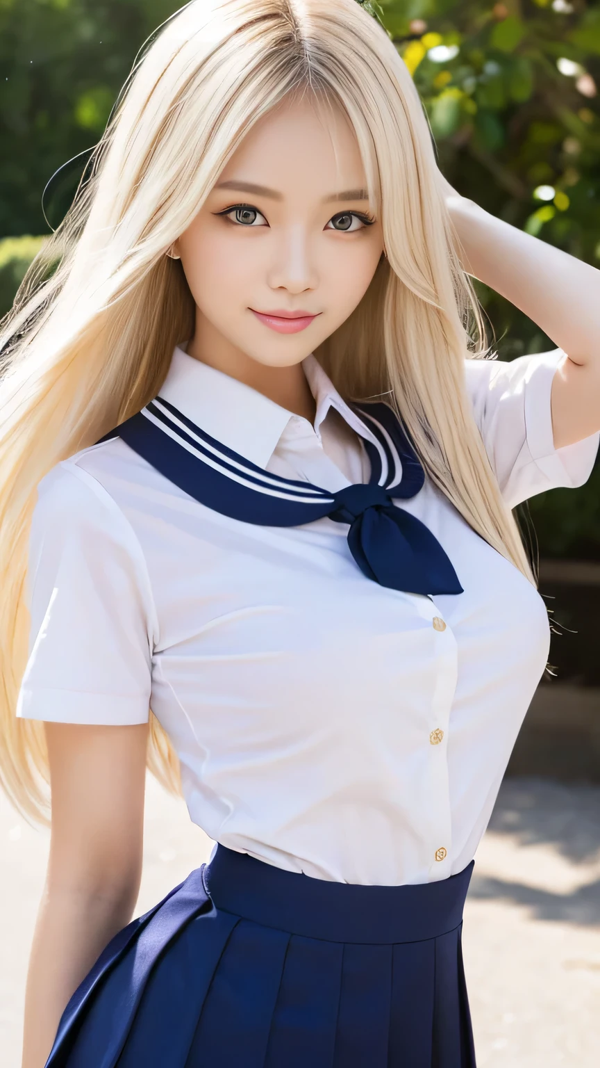 Looking at the camera、imitating a kiss、blue eyes、smile、high resolution、highest quality、Photoreal、professional lighting、（8K、highest quality、professional lighting、clear image）、high school girl、wearing a sailor suit、mini skirt、panties are visible、白いpanties are visible、