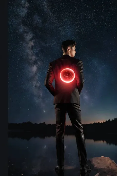 a power ranger in a red and black suit, standing and holding a glowing orb with both hands, with a posture that expresses sadnes...