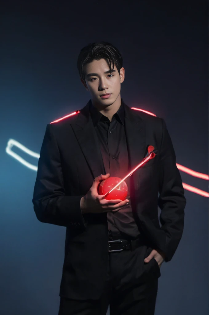 A Power Ranger in a red and black suit, standing and holding a glowing orb with both hands, with a posture that expresses sadness, head tilted slightly downward. Above him, an angel man with glowing white wings hugs him from behind, conveying comfort. The night sky in the background is full of bright stars and visible constellations, adding a mystical and heavenly touch to the scene." , only male , only men , gay , nsfw
