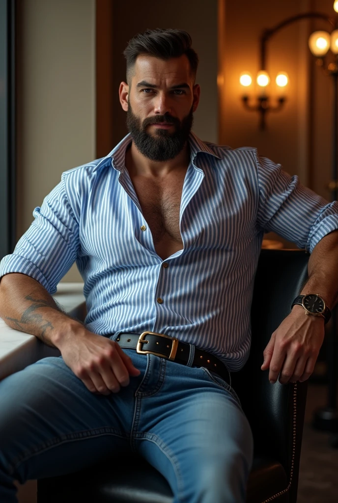 A handsome and sexy man wearing a casual white short and blue suit,and formal pant, , he has gorgeous face,and stylish black hair, and short beard, he is sitting in a cafe, homoerotic, nsfw ,open legs, alluring pose,(pussy)