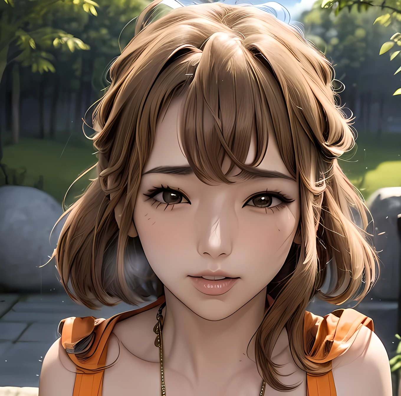 Light brown bangs,Smooth Hair、Light brown eyes、(A face waiting for a kiss)、Eyes closed,(Big Breasts:1.4)、(Realistic)、(Intricate details:1.2)、(masterpiece:1.3)、(Highest quality:1.4)、(Ultra-high resolution:1.2)、Ultra-high resolution、(Detailed eyes)、(Detailed facial features)、(Orange micro mini suit), (Random Necklace),White shirt:1.2), (Orange mini skirt:1.3),Thin eyebrows、Detailed eyes,Detailed nose、Mouth Details、Fine ears、Golden ratio face、(Waiting for a kiss)、(Curvaceous)、(Ideal ratio)、High resolution eyes、Beautiful feet、Long neck、eyelash、(((Natural soft light、Listen carefully、View your audience、Captivate your audience、Eye highlights)))、(Realistic:1.4), Shadow、(Best image quality:1.0), (Ultra-high resolution:1.0), 8k, RAW Photos