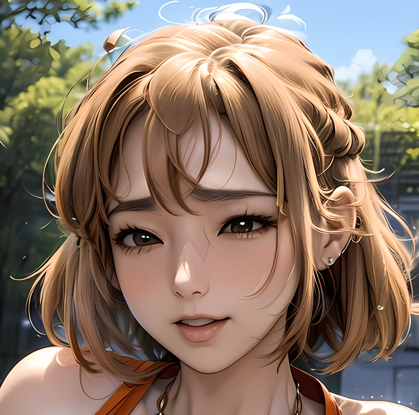 Light brown bangs,Smooth Hair、Light brown eyes、(A face waiting for a kiss)、Eyes closed,(Big Breasts:1.4)、(Realistic)、(Intricate details:1.2)、(masterpiece:1.3)、(Highest quality:1.4)、(Ultra-high resolution:1.2)、Ultra-high resolution、(Detailed eyes)、(Detailed facial features)、(Orange micro mini suit), (Random Necklace),White shirt:1.2), (Orange mini skirt:1.3),Thin eyebrows、Detailed eyes,Detailed nose、Mouth Details、Fine ears、Golden ratio face、(Waiting for a kiss)、(Curvaceous)、(Ideal ratio)、High resolution eyes、Beautiful feet、Long neck、eyelash、(((Natural soft light、Listen carefully、View your audience、Captivate your audience、Eye highlights)))、(Realistic:1.4), Shadow、(Best image quality:1.0), (Ultra-high resolution:1.0), 8k, RAW Photos