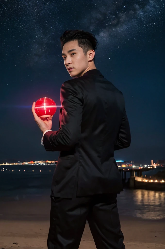 A Power Ranger in a red and black suit, standing and holding a glowing orb with both hands, with a posture that expresses sadness, head tilted slightly downward. Above him, an angel man with glowing white wings hugs him from behind, conveying comfort. The night sky in the background is full of bright stars and visible constellations, adding a mystical and heavenly touch to the scene." , only male , only men , gay , nsfw , (((2man)))
