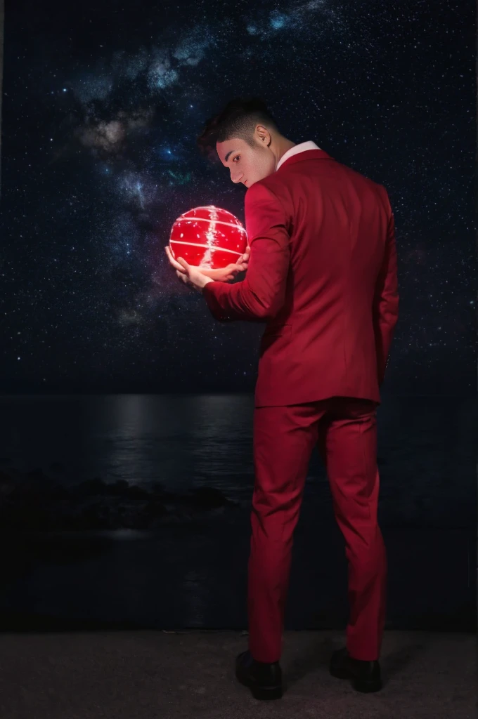 A Power Ranger in a red and black suit, standing and holding a glowing orb with both hands, with a posture that expresses sadness, head tilted slightly downward. Above him, an angel man with glowing white wings hugs him from behind, conveying comfort. The night sky in the background is full of bright stars and visible constellations, adding a mystical and heavenly touch to the scene." , only male , only men , gay , nsfw , (((2man)))
