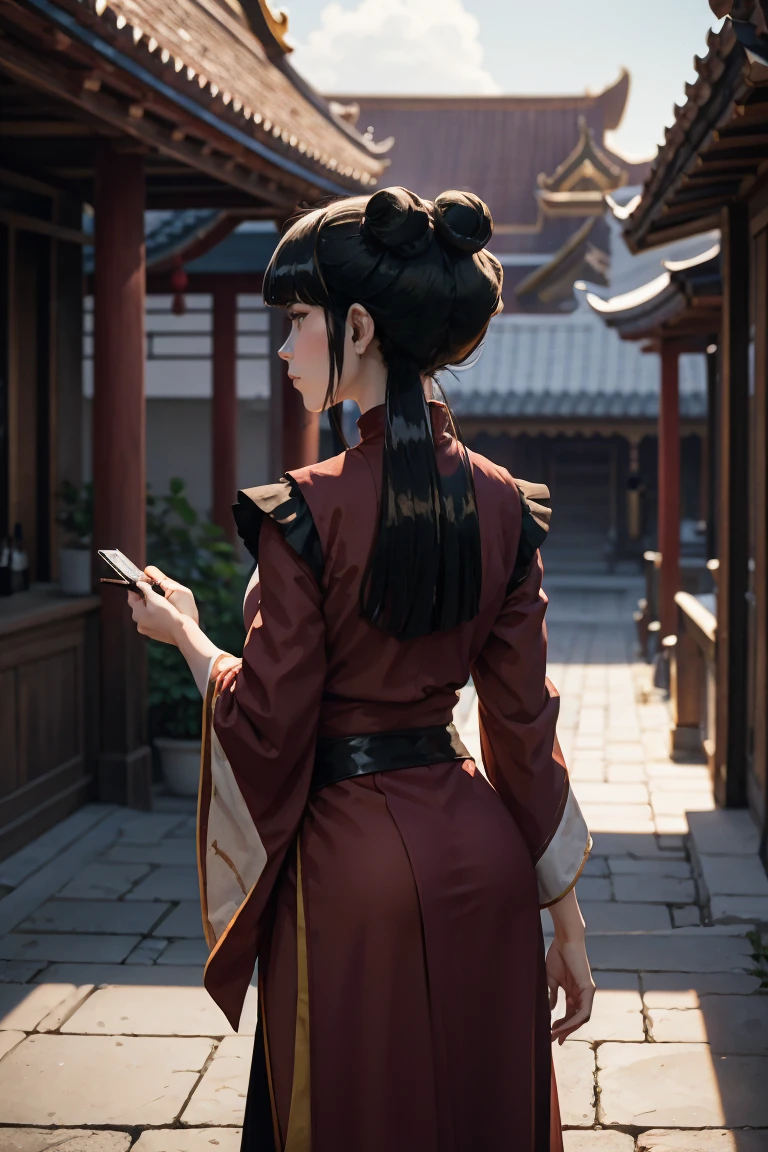 8k, ray tracing, vibrant colors, (1girl), (solo:1.4), (mai:1.4), chinese clothes, black hair, long hair, sidelocks, (from behind), masterpiece, sharp focus, Best Quality, depth of field, cinematic lighting, very detailed clothes, perfect hair, Rich in details and textures, masterpiece, Best Quality, beautiful girl, Sun light, chiaroscuro, (perfect hands:0.7, Clean hands:0.7), ((((Professional photography)))), ((Dream)), Whole body, outdoors
