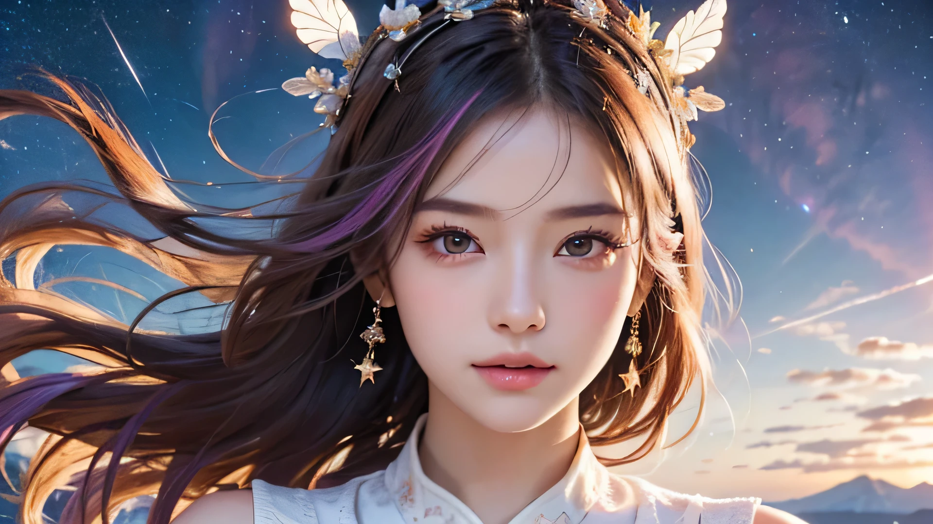 (((Highest quality))), ((masterpiece)), (detailed), ((solo)), ((Young girl)), ((A beautiful white outfit with lots of decorations)), Long robe hair ornament on head, Fantastic and beautiful colors, Cinematic, Long hair fluttering in the wind, (Fluttering navy blue skirt), Mysterious Space, Pink Hair, Starry Sky, Purple Sky, Aurora, White skin, Calm expression, Hair on the face, Beautiful thighs, Mysterious Light, Close-up, 