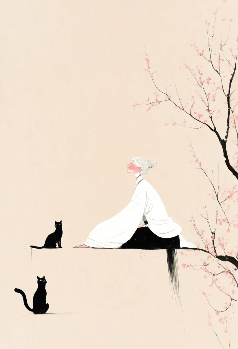 style of santiago caruso，In the style of Alessandro Gottardo【Flat coating】-
 ((best quality)), illustration, hairy, Cat, Animal ears, Tail, Black jumpsuit, 1 girl, whole body, 1 girl, Solitary, Long hair, White hair, ,Pink Eyes, Looking at the audience, Smile,Large Breasts,Perfect body,Dynamic poses，