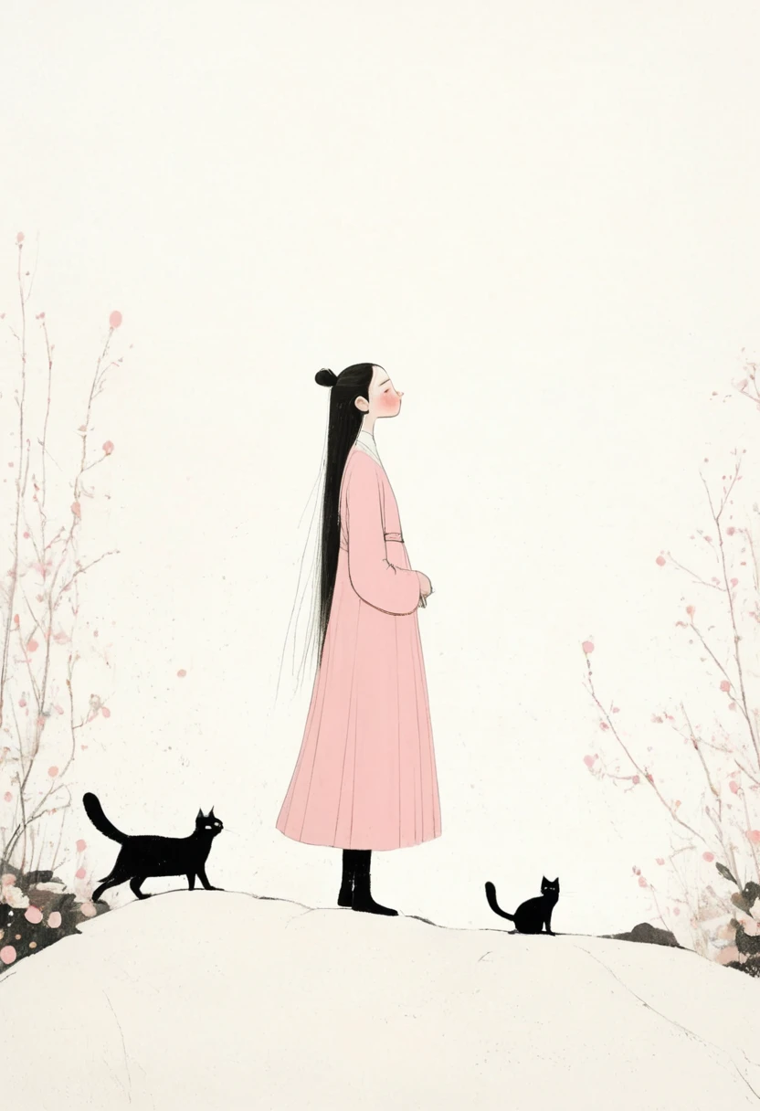 style of santiago caruso，In the style of Alessandro Gottardo【Flat coating】-
 ((best quality)), illustration, hairy, Cat, Animal ears, Tail, Black jumpsuit, 1 girl, whole body, 1 girl, Solitary, Long hair, White hair, ,Pink Eyes, Looking at the audience, Smile,Large Breasts,Perfect body,Dynamic poses，