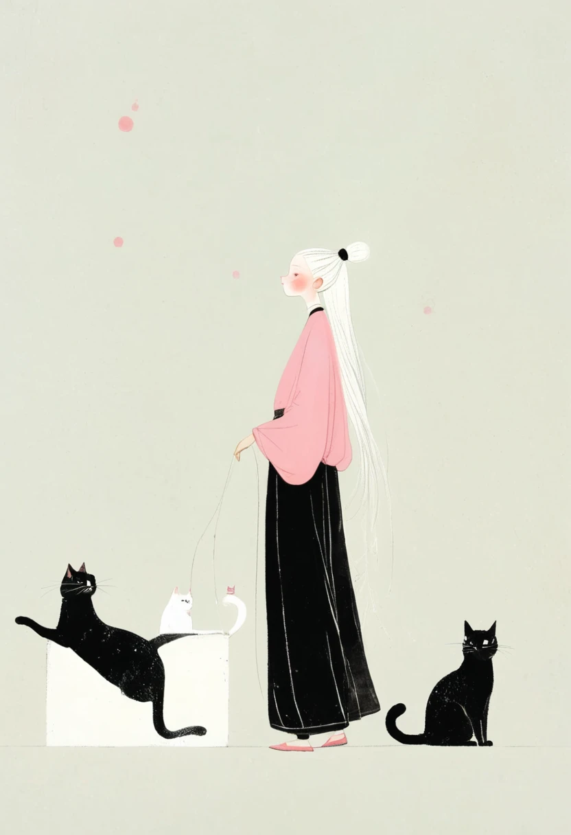 style of santiago caruso，In the style of Alessandro Gottardo【Flat coating】-
 ((best quality)), illustration, hairy, Cat, Animal ears, Tail, Black jumpsuit, 1 girl, whole body, 1 girl, Solitary, Long hair, White hair, ,Pink Eyes, Looking at the audience, Smile,Large Breasts,Perfect body,Dynamic poses，