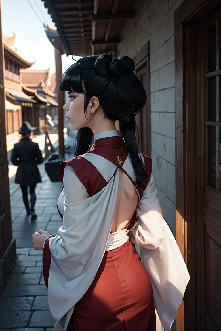 8k, ray tracing, vibrant colors, (1girl), (solo:1.4), (mai:1.4), chinese clothes, black hair, long hair, sidelocks, (from behind), masterpiece, sharp focus, Best Quality, depth of field, cinematic lighting, very detailed clothes, perfect hair, Rich in details and textures, masterpiece, Best Quality, beautiful girl, Sun light, chiaroscuro, (perfect hands:0.7, Clean hands:0.7), ((((Professional photography)))), ((Dream)), Whole body, outdoors
