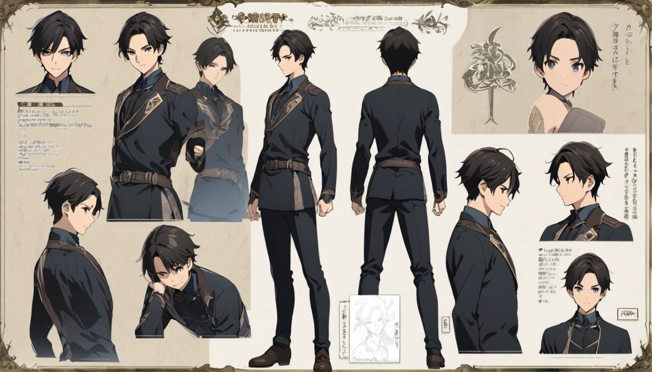 One young man with front, side and back views、Fantasy、A character model sheet depicting the same character from three angles