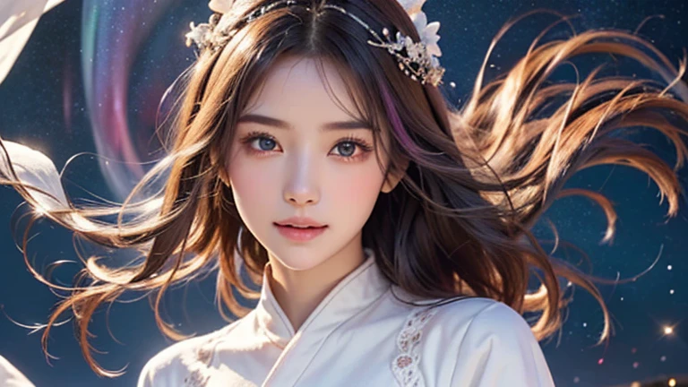 (((Highest quality))), ((masterpiece)), (detailed), ((solo)), ((Young girl)), ((A beautiful white outfit with lots of decorations)), Long robe hair ornament on head, Fantastic and beautiful colors, Cinematic, Long hair fluttering in the wind, (Fluttering navy blue skirt), Mysterious Space, Pink Hair, Starry Sky, Purple Sky, Aurora, White skin, Calm expression, ((Hair on the face)), Beautiful thighs, Mysterious Light, Close-up, 