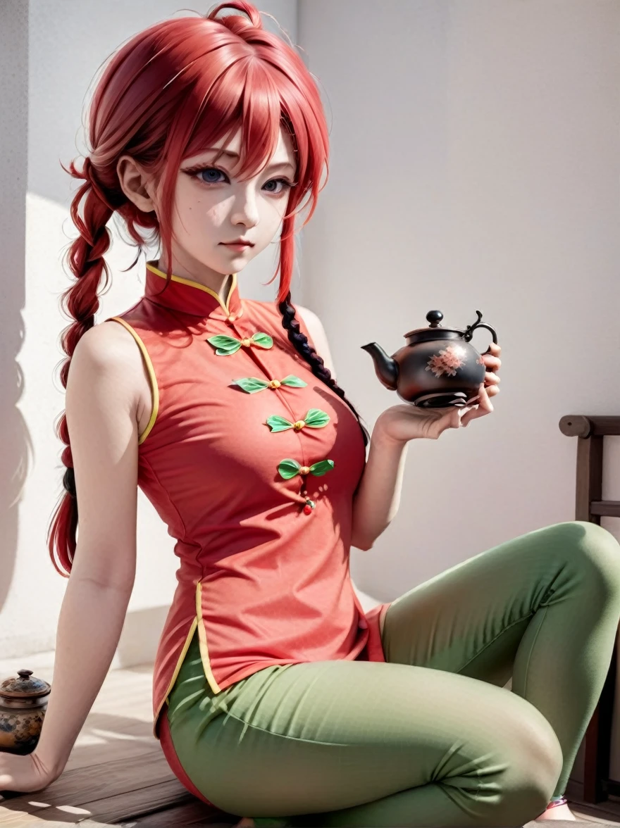 there is a woman in a red shirt and green pants holding a tea pot, anime cosplay, anime girl cosplay, professional cosplay, wearing a red cheongsam, cosplay, full-cosplay, cosplay photo, chinese girl, cheongsam, pink hair, with a single pigtails， braid, french braid