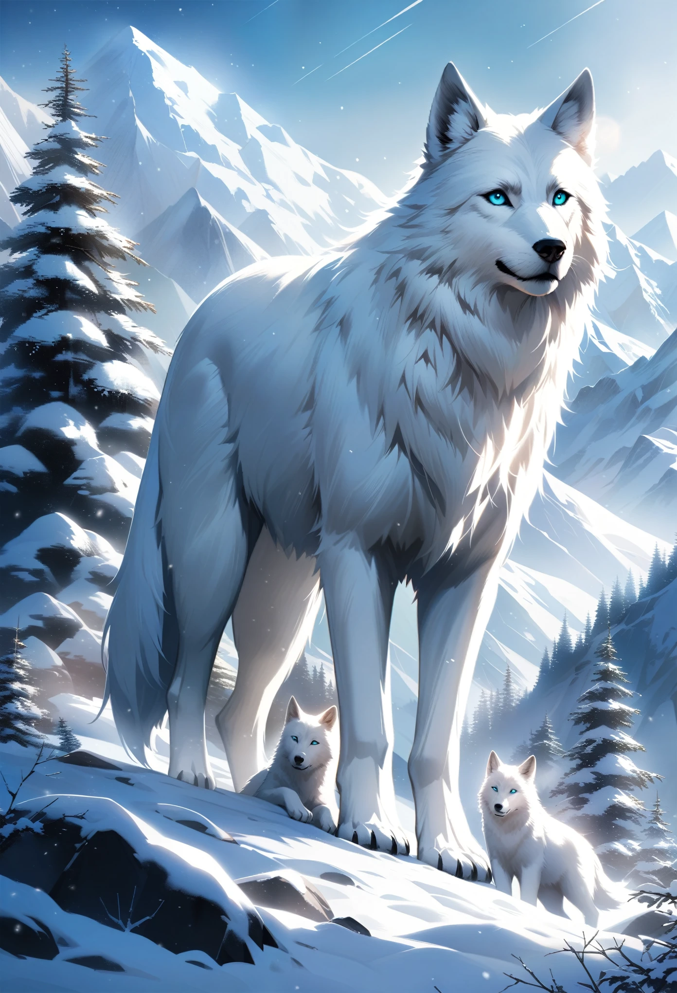 An ultra-realistic scene of a majestic white wolf standing tall in a snowy mountain landscape, aqua eyes, with its fur textured in incredible detail, Next to the wolf are its playful cute cubs, nestled close to their mother for warmth, Snow is gently falling from the sky, covering the rocky terrain in a soft blanket of white, The backdrop consists of towering snow-capped mountains, with a serene, quiet atmosphere, The light reflects off the snow, casting a cool blue glow over the scene, enhancing the peaceful,