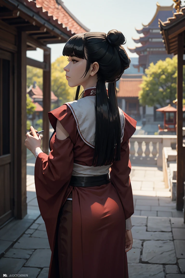 8k, ray tracing, vibrant colors, (1girl), (solo:1.4), (mai:1.4), chinese clothes, black hair, long hair, sidelocks, (from behind), masterpiece, sharp focus, Best Quality, depth of field, cinematic lighting, very detailed clothes, perfect hair, Rich in details and textures, masterpiece, Best Quality, beautiful girl, Sun light, chiaroscuro, (perfect hands:0.7, Clean hands:0.7), ((((Professional photography)))), ((Dream)), Whole body, outdoors
