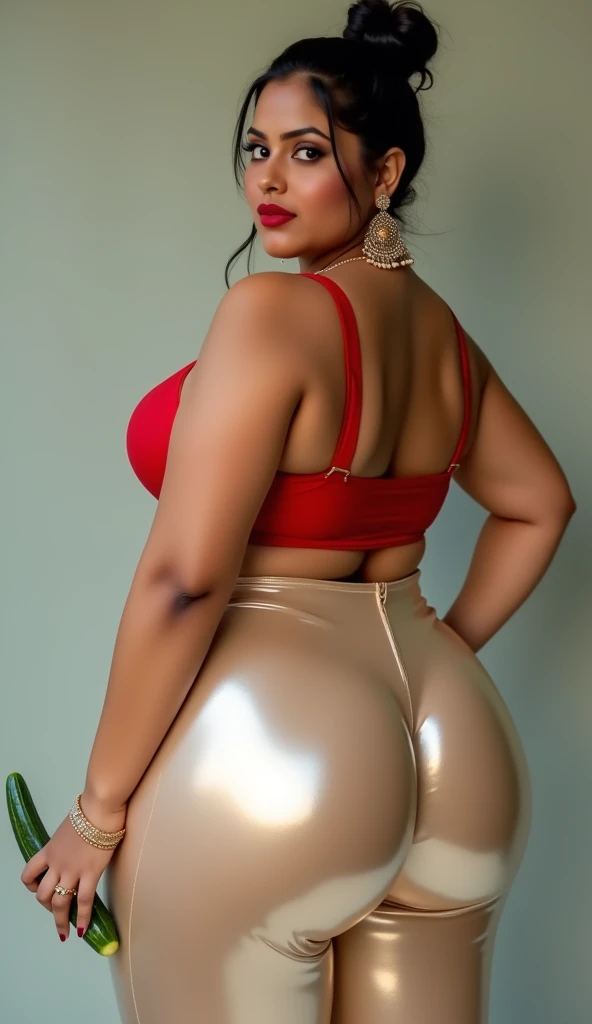 40 year old married indian women looking at the viewer, wearing shiny glossy and reflective finish polyester plus size transparent cream colour silk leggings and red silk bra , big Fat ass,wide hips,Big thighs, scooped Big breast, Voluptuous Body,fat wide ass ,messy bun, lipstic, smiling face,strap high heels, Jewellery, cucumber in right hand,ornaments, white skin tone, clean skin, (a quarter front view),big bulging ass, huge booty, curvaceous hourglass figure,thin tiny stomach,