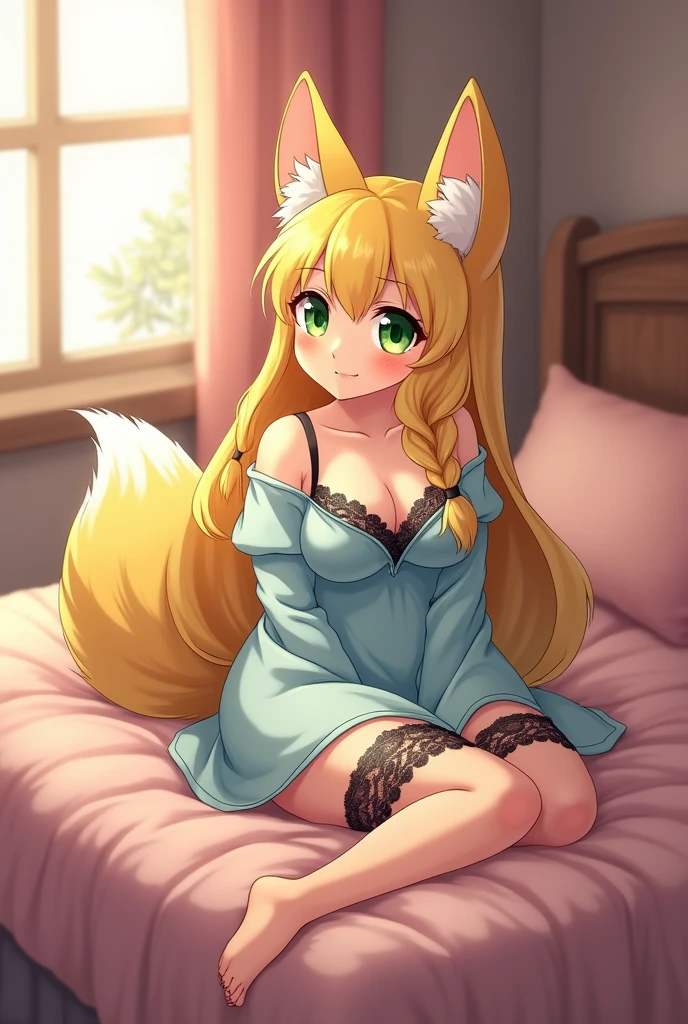 Cute, anime, furry_fox_girl, long_yellow_braided_hair, chubby, large_breasts, green_eyes, light_blue_sleeping_dress, pyjama_black_lace, sitting, bed, bedroom