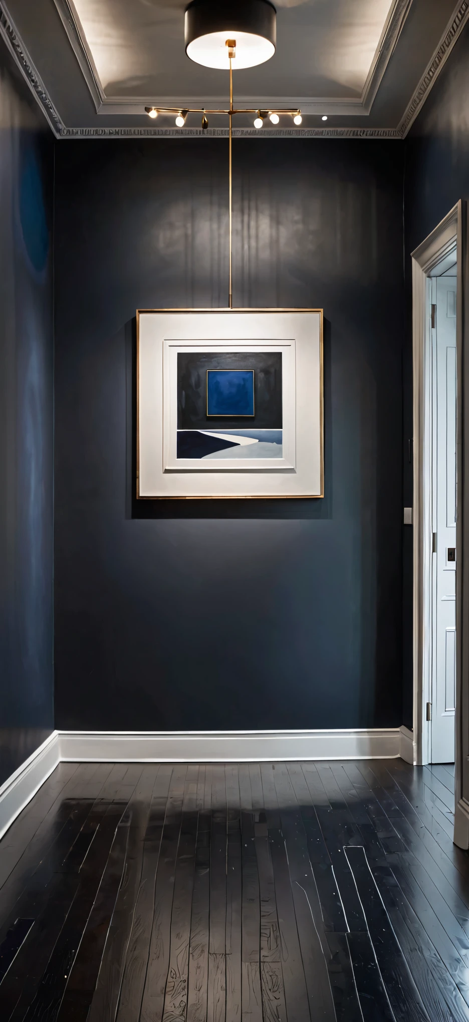 "A minimalist art gallery with a single square painting hanging on a dark-colored wall, such as deep charcoal or navy. The gallery is simple and uncluttered, with soft spotlighting directed at the painting, making it the focal point against the dark background. The painting's vibrant colors contrast strongly with the shadowy wall, drawing the viewer's attention. The floor is sleek and unobtrusive, keeping the focus on the artwork. The scene is elegant and moody, with a sophisticated atmosphere that highlights the painting clearly."