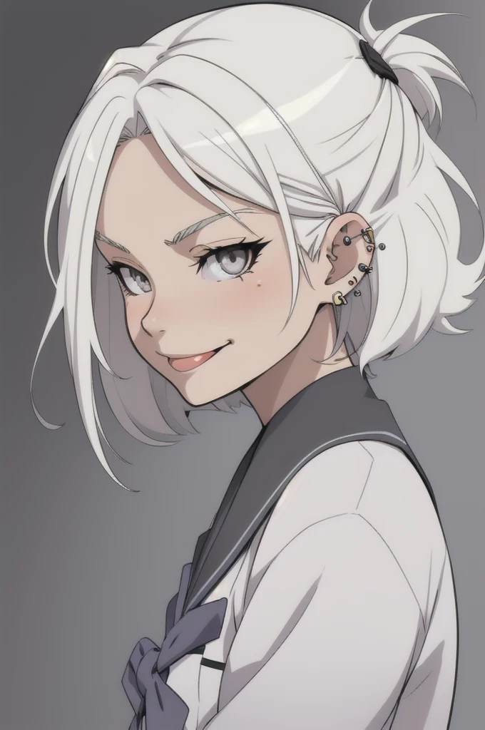 anime girl, short fluffy white hair, grey eyes, parts, Ear piercings, pose from perspective, basic school uniform, tough girl, perfect anatomy, smiling sticking out tongue