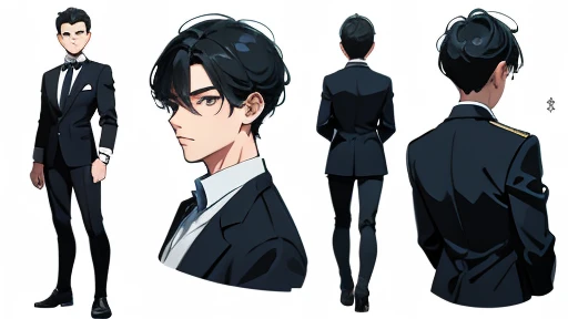 One young man with front, side and back views、School uniforms、A character model sheet depicting the same character from three angles