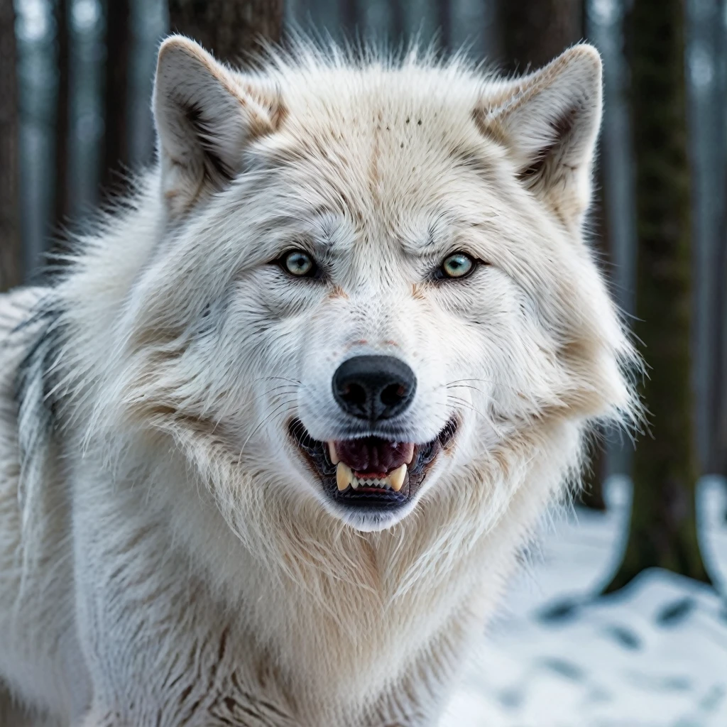 a white wolf, detailed fur, piercing eyes, sharp teeth, in a snowy forest, beautiful landscape, magical atmosphere, moody lighting, dramatic composition, (best quality,4k,8k,highres,masterpiece:1.2),ultra-detailed,(realistic,photorealistic,photo-realistic:1.37),hyperrealistic,cinematic lighting,dramatic lighting,intricate details,highly detailed fur,lifelike