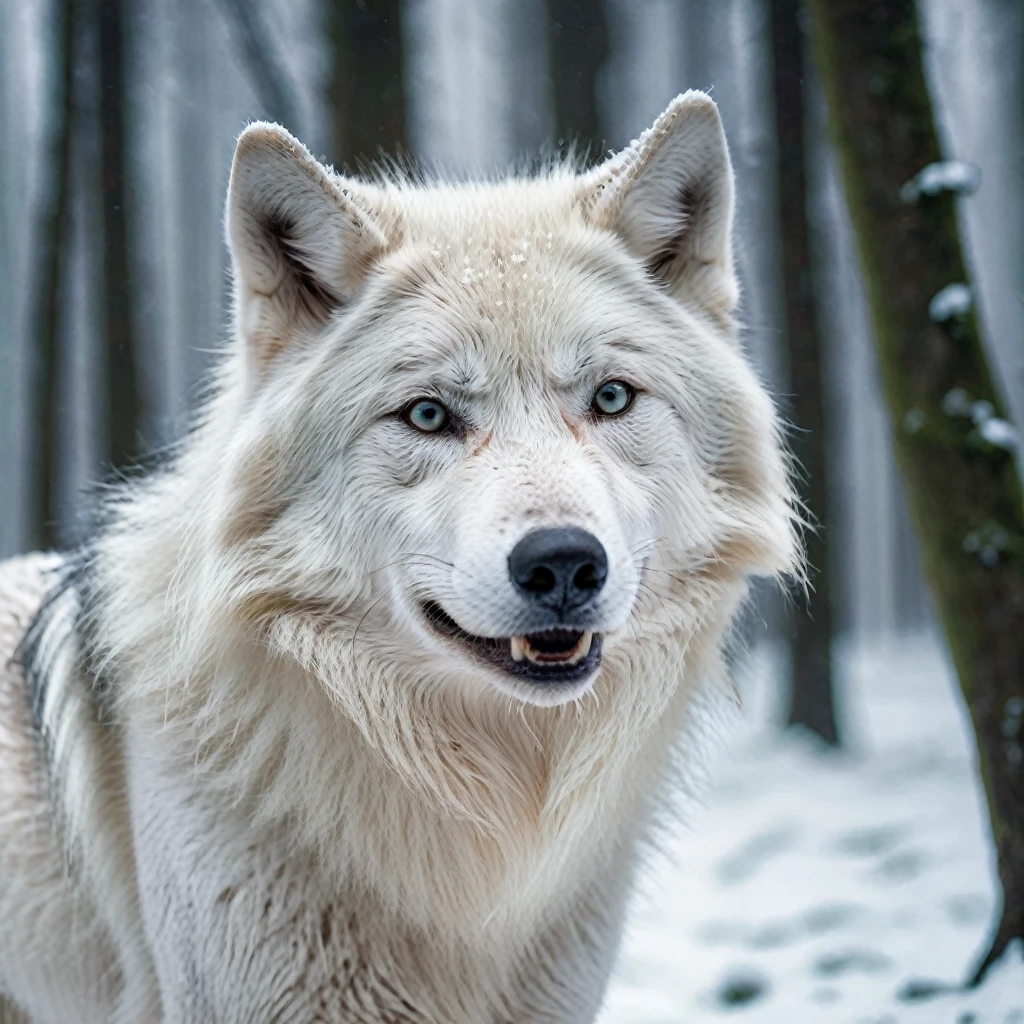 a white wolf, detailed fur, piercing eyes, sharp teeth, in a snowy forest, beautiful landscape, magical atmosphere, moody lighting, dramatic composition, (best quality,4k,8k,highres,masterpiece:1.2),ultra-detailed,(realistic,photorealistic,photo-realistic:1.37),hyperrealistic,cinematic lighting,dramatic lighting,intricate details,highly detailed fur,lifelike