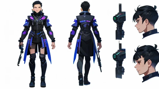 One young man with front, side and back views、cyber punk、A character model sheet depicting the same character from three angles