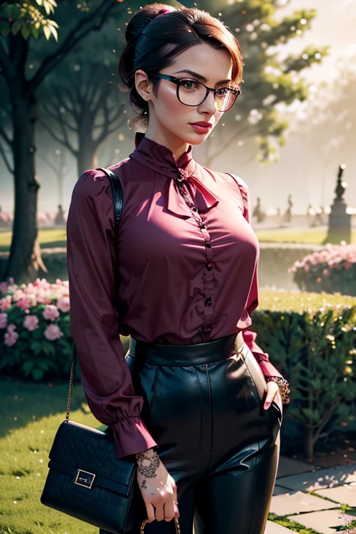 a gorgeous woman, wearing a dark pink long-sleeve blouse and tight black trousers, black ponytail hair, wearing glasses, standing in a garden, holding a handbag, portrait view, intricate details, realistic, photorealistic, hyper detailed, 8k, masterpiece, dramatic lighting, cinematic, moody atmosphere, warm color palette, mystical, magical realism