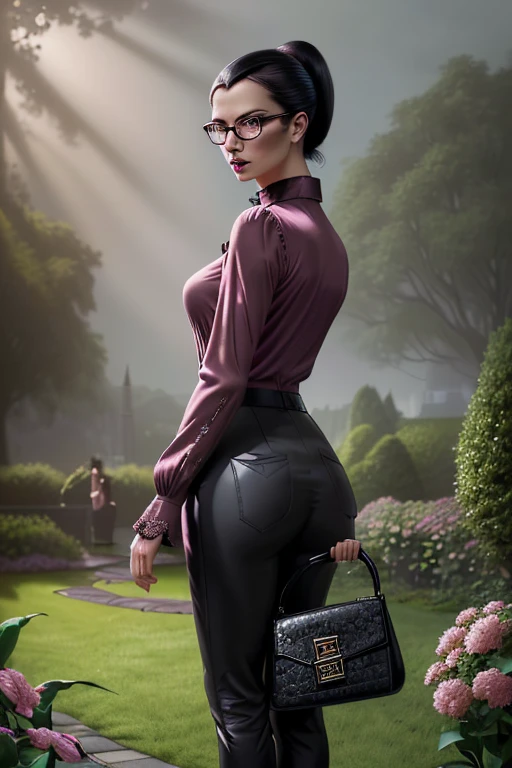 a gorgeous woman, wearing a dark pink long-sleeve blouse and tight black trousers, black ponytail hair, wearing glasses, standing in a garden, holding a handbag, portrait view, intricate details, realistic, photorealistic, hyper detailed, 8k, masterpiece, dramatic lighting, cinematic, moody atmosphere, warm color palette, mystical, magical realism