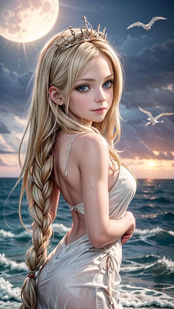 (((there  one girl coming out of the sea))), the Swan Princess from Russian mythology, a beautiful calm face, blue eyes, blond long hair braided into one braid, the moon moon  woven into the hair on the back of the head, brief white old wet Russian clothes, a kokoshnik crown on her head, an affectionate look, a half-smile, a gentle expression on his face, a background seascape and sunlight, seagulls in the sky, full-length,  Photorealism