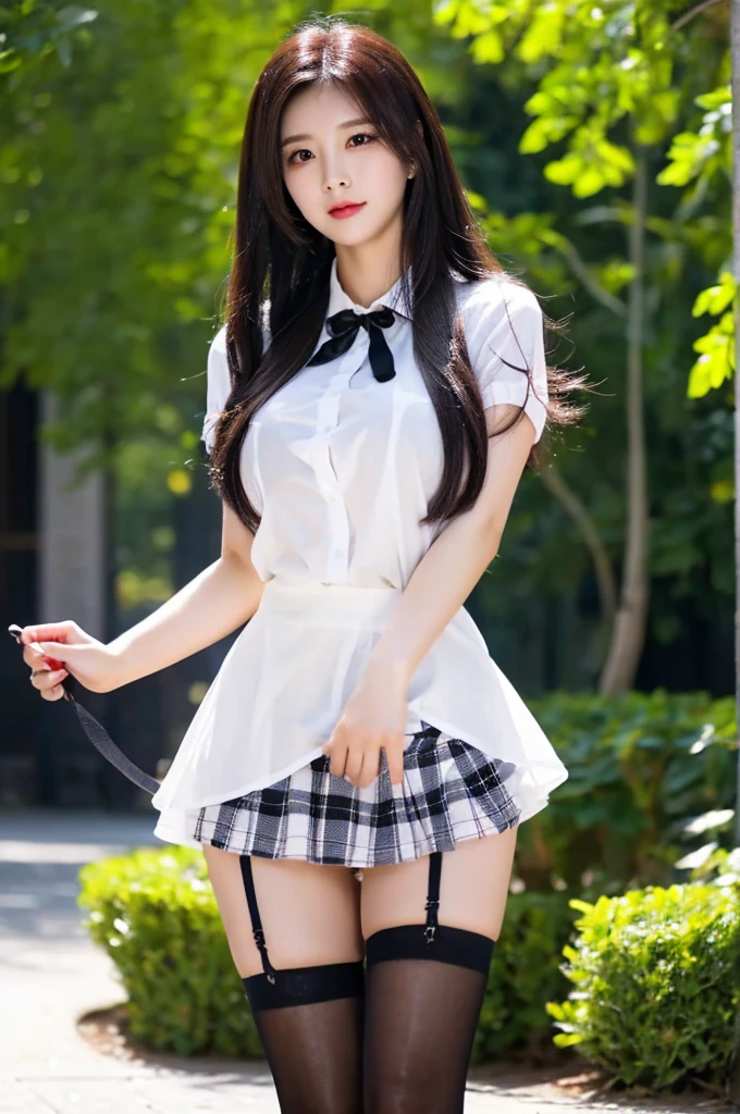 best quality, 8k, very delicate and beautiful, highly detailed face and skin texture, shiny skin, high resolution, big tits beautiful long hair chinese girl in white shirt, short plaid skirt and black stocking walking in a park, sharp focus